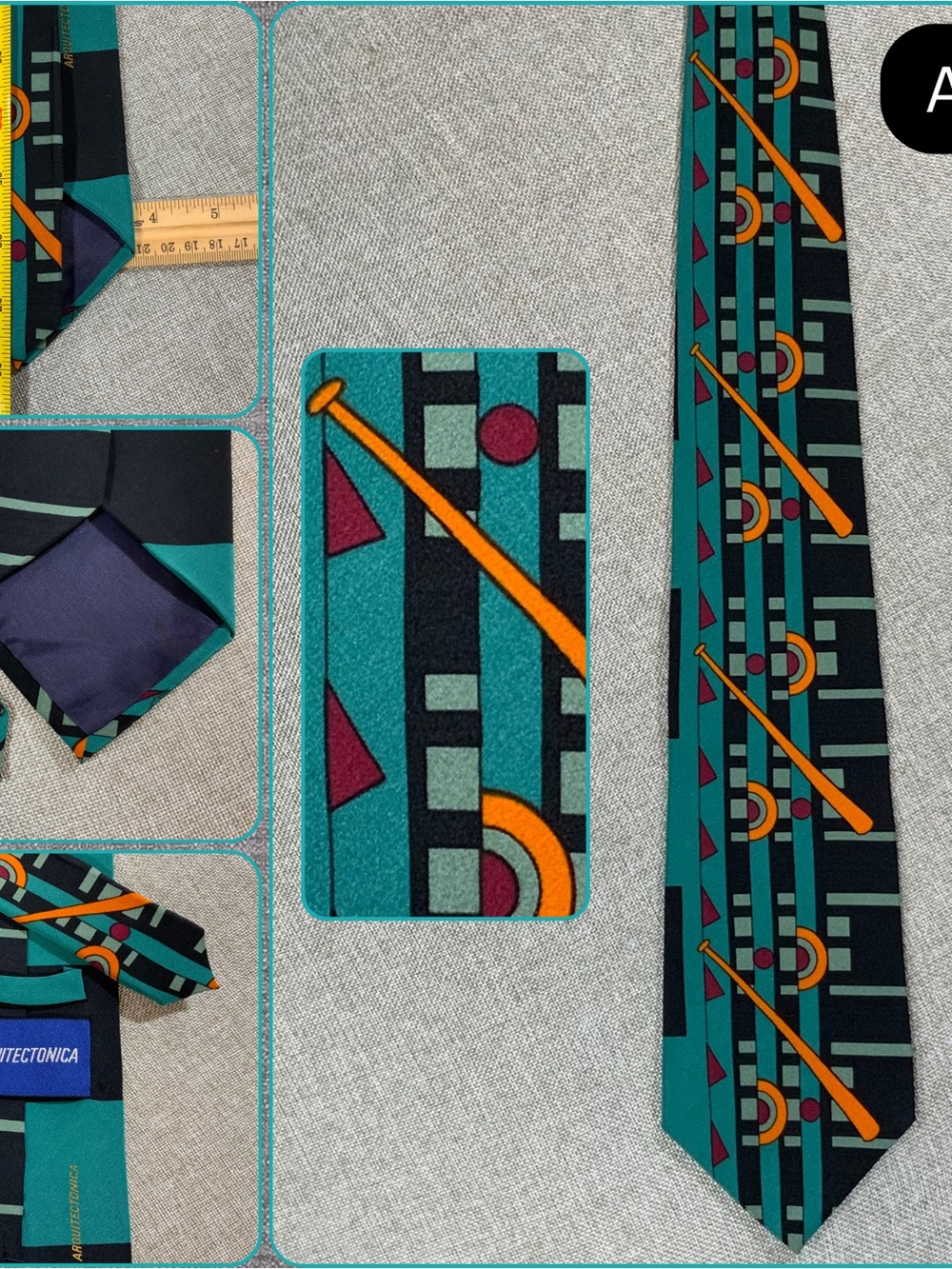 Arquitectonica Teal Geometric Silk Necktie Architect Design Wide Tie - Picture 8 of 8